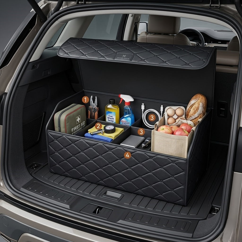 Foldable Quilted Car Trunk Storage Organizer With Lid