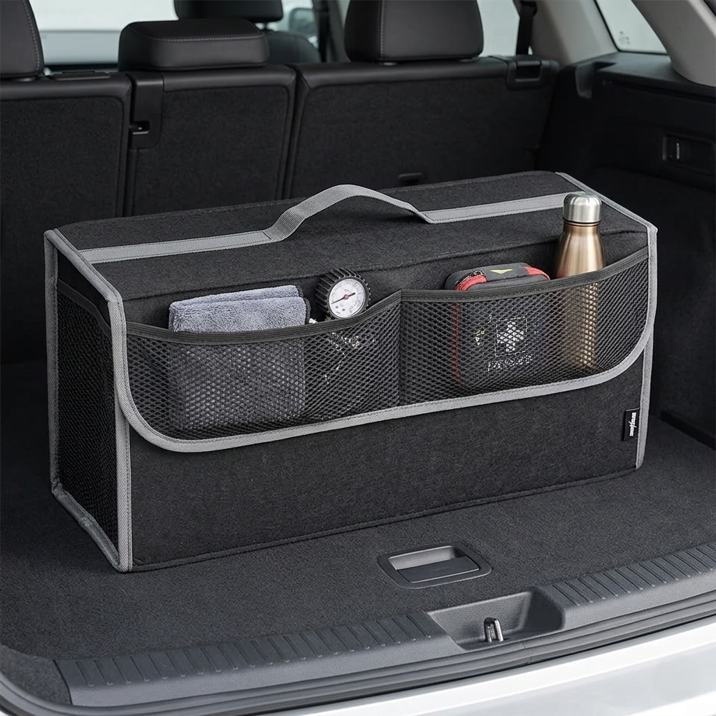 Foldable Car Trunk Organizer With Mesh Storage Pockets