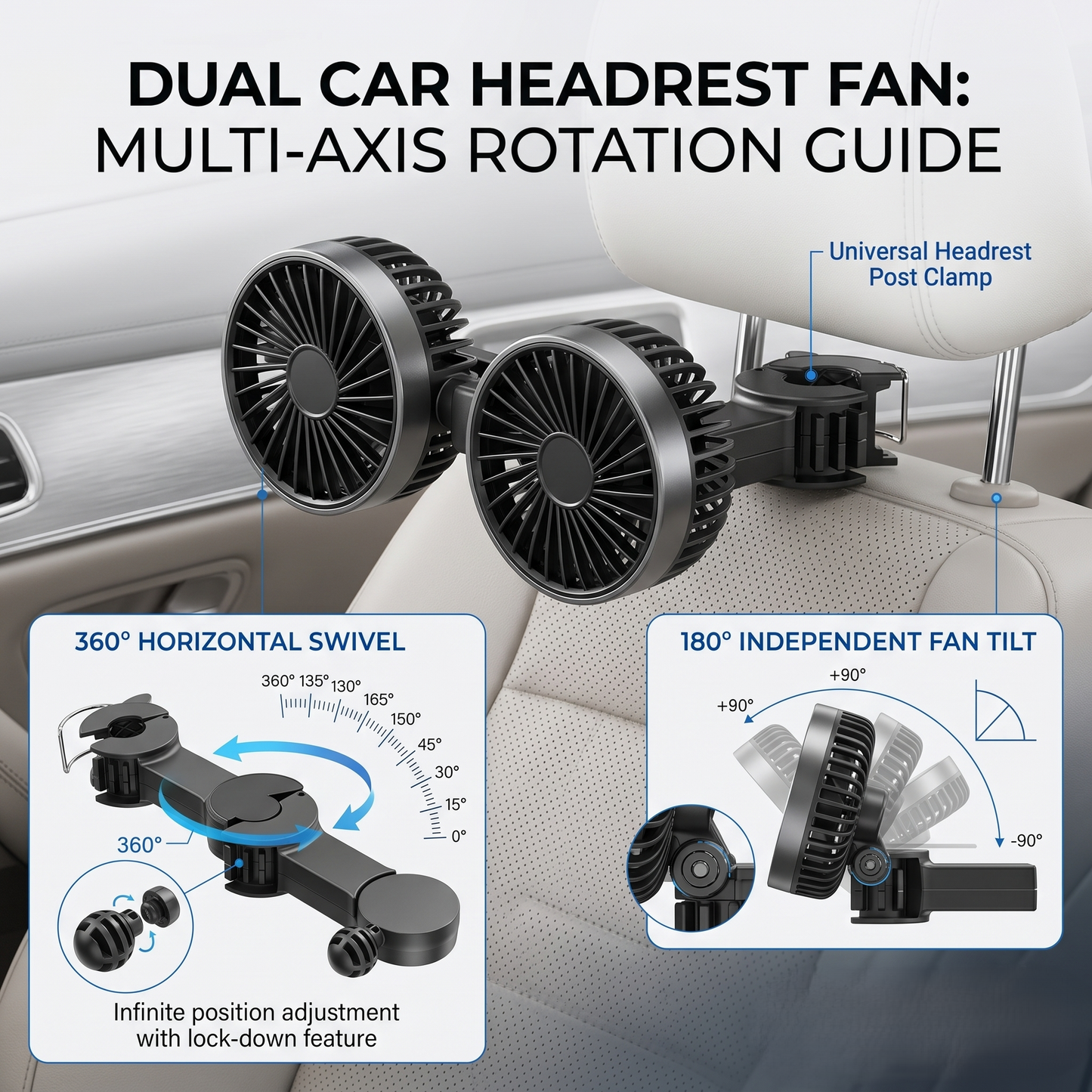 Dual Headrest USB Car Cooling Fan For Back Seat