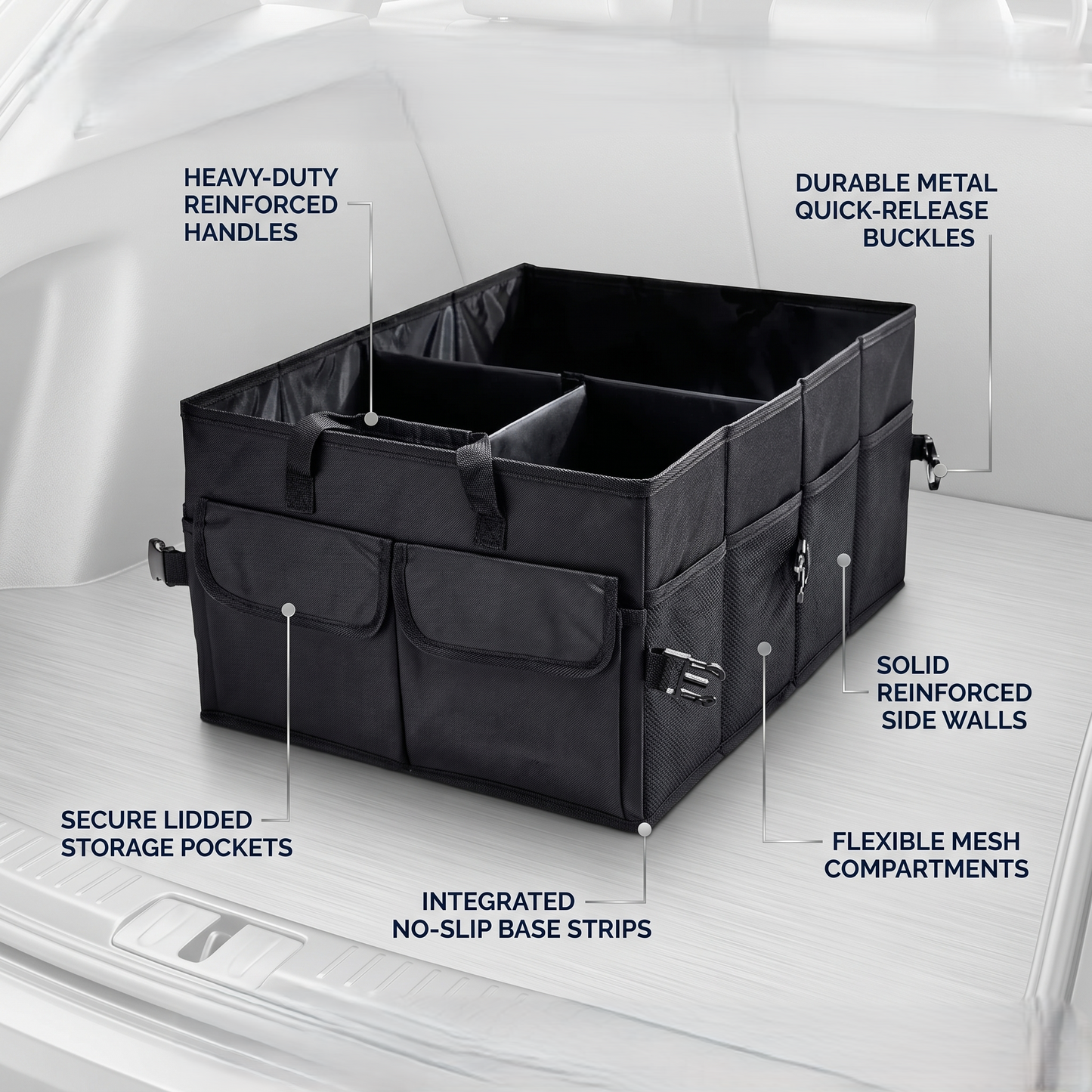 Foldable Car Trunk Organizer With Reinforced Storage Compartments