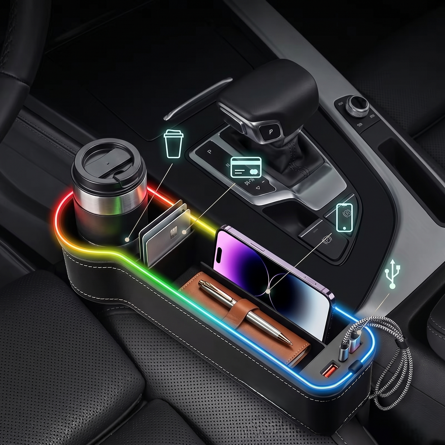 LED Seat Gap Organizer With Dual USB Charging Ports