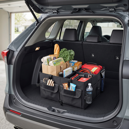 Foldable Car Trunk Organizer With Reinforced Storage Compartments