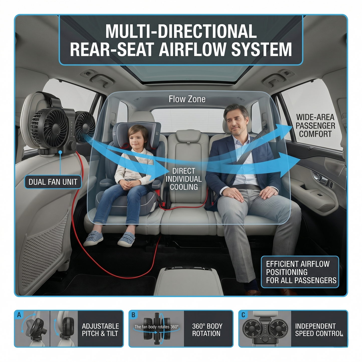 Dual Headrest USB Car Cooling Fan For Back Seat