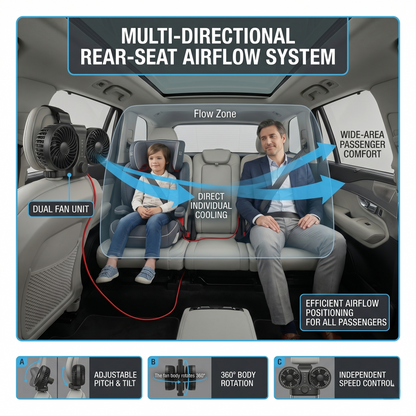 Dual Headrest USB Car Cooling Fan For Back Seat