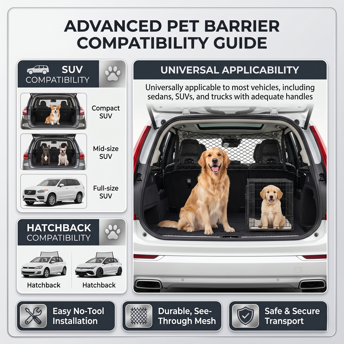 Universal Car Pet Barrier Net With Elastic Hook Mounts