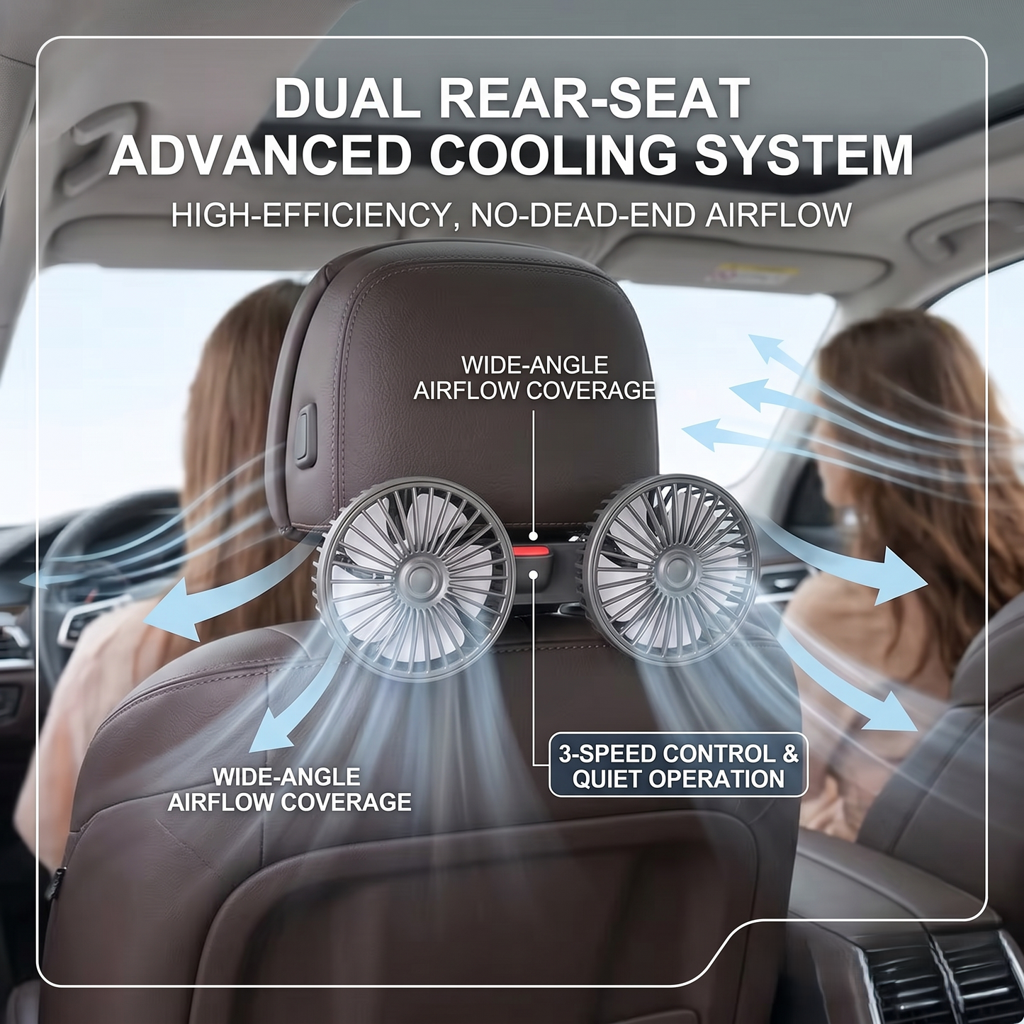 Dual Headrest USB Car Cooling Fan For Back Seat