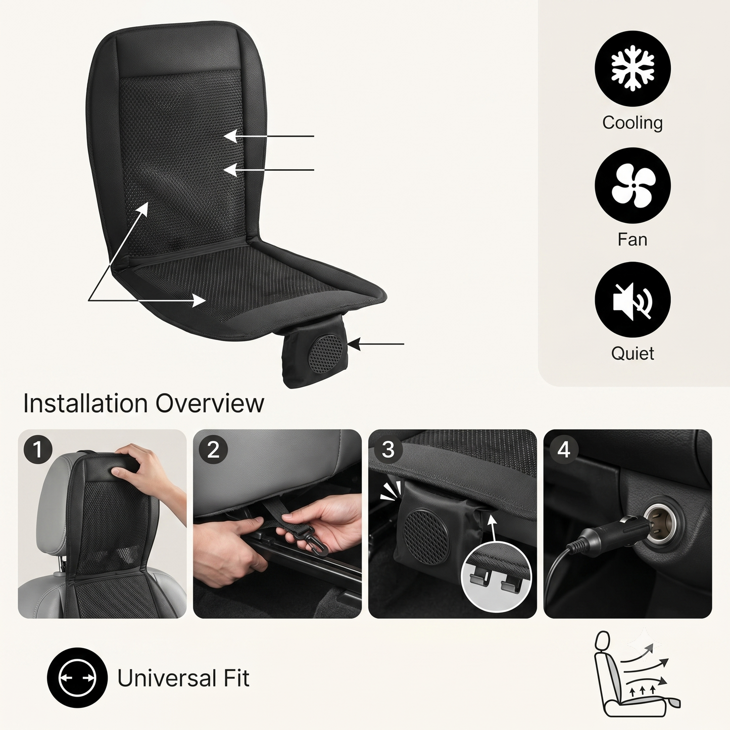 12V/24V Ventilated Car Seat Cooling Cushion With Dual Speed Fan
