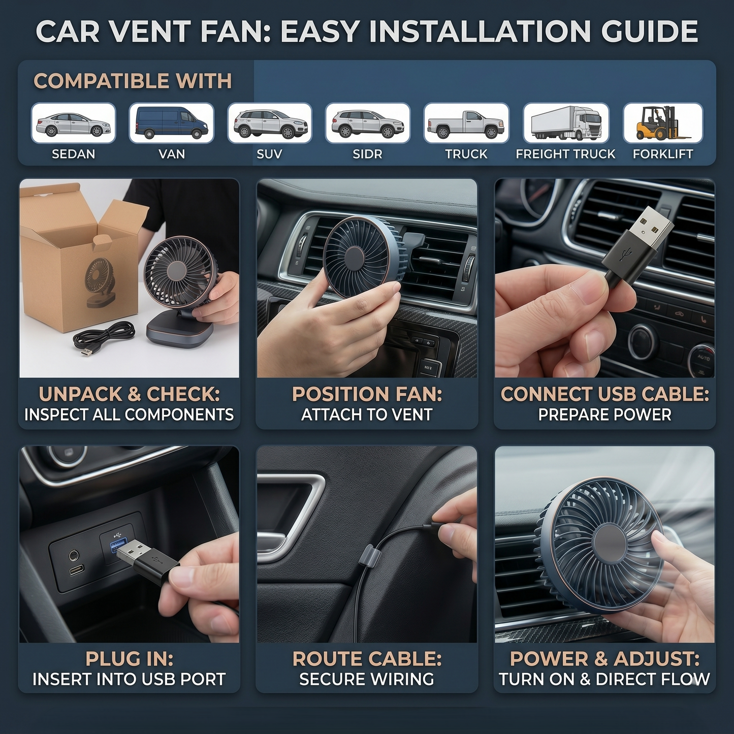 Adjustable USB Car Vent Cooling Fan With 3 Speed Settings