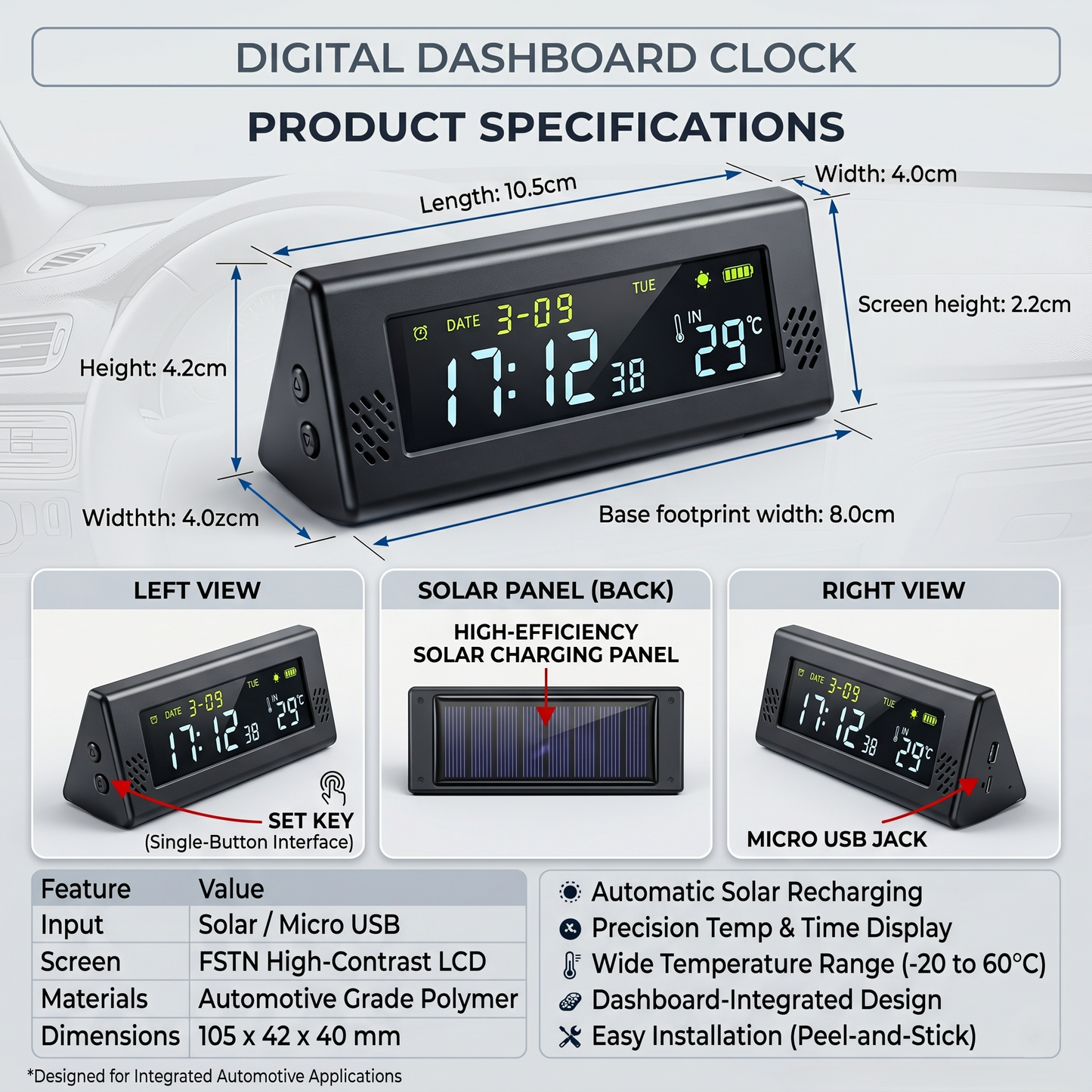 Solar Digital Car Clock With Temperature Display