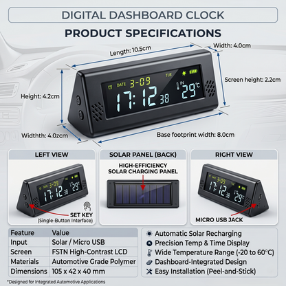 Solar Digital Car Clock With Temperature Display