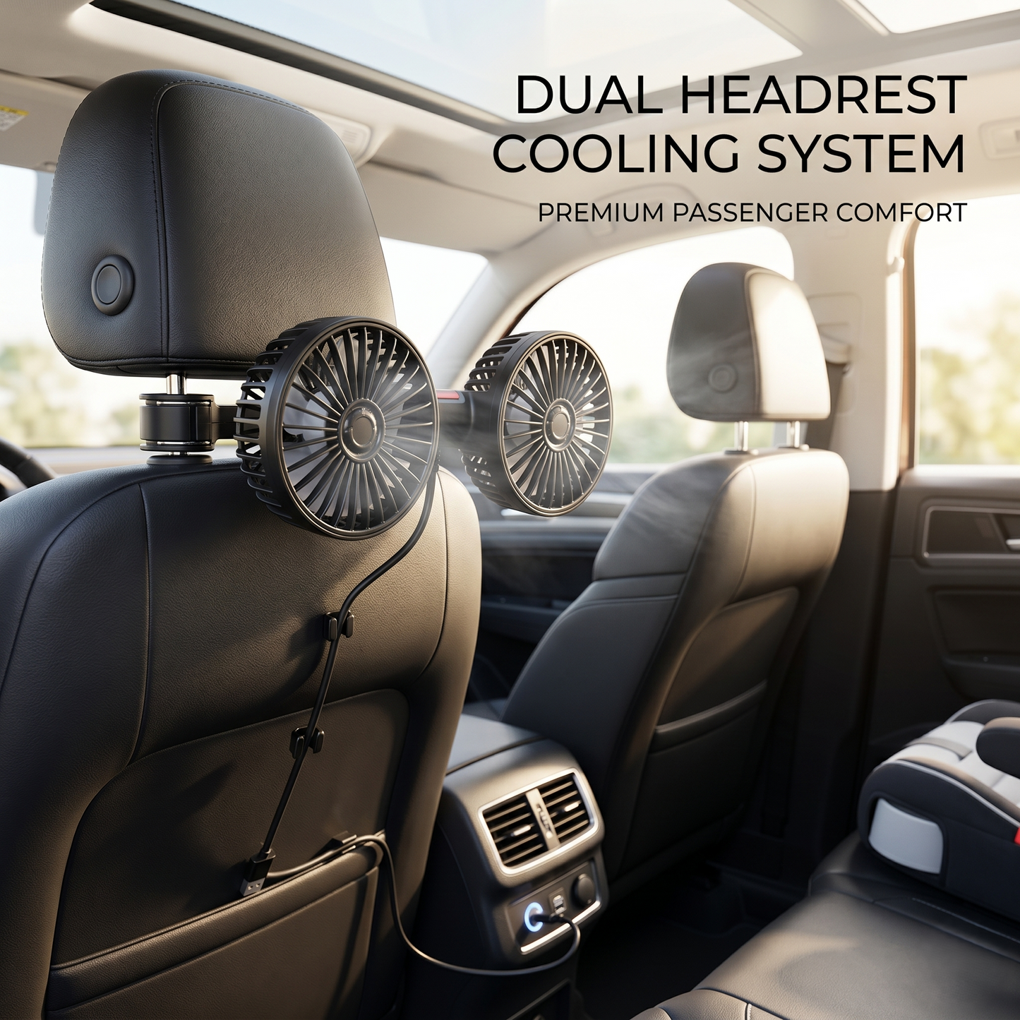 Dual Headrest USB Car Cooling Fan For Back Seat