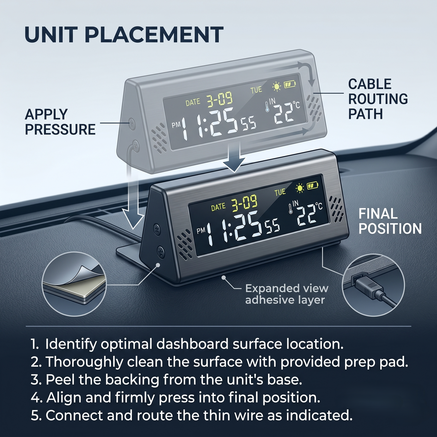 Solar Digital Car Clock With Temperature Display
