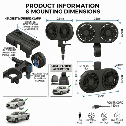 Dual Headrest USB Car Cooling Fan For Back Seat